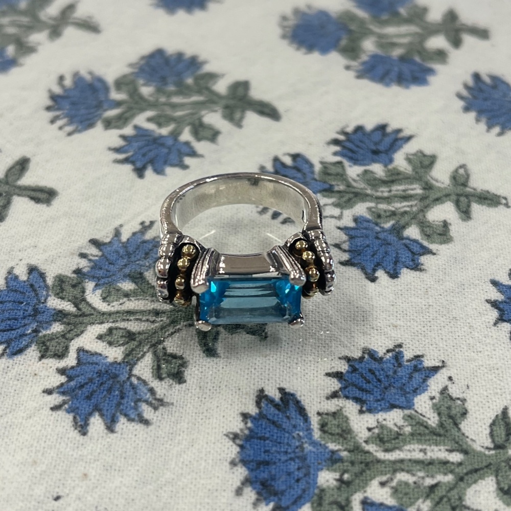 Lagos Blue Topaz Caviar Sterling Silver & 18K Yellow Gold Ring Size 7 - Picture 6 of 16
